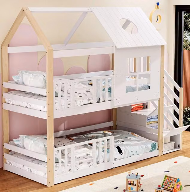 Letto a castello a casetta 90x200 cm con scala contenitore; legno massello e MDF; bianco/naturale