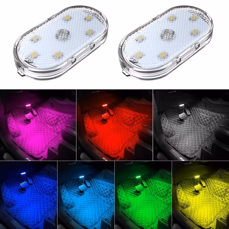 Illuminazione interna per auto a LED, 2 pezzi, 7 colori, ricaricabile tramite USB, portatile