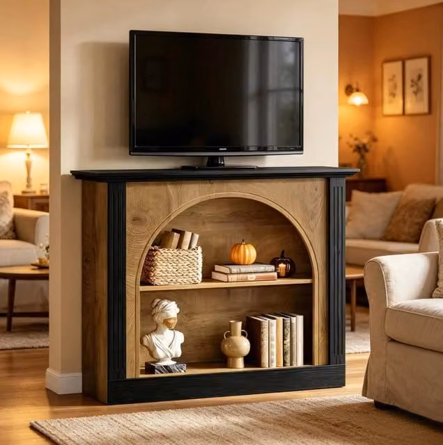 Consolle in stile Mid-Century Modern con ripiani e spazio contenitivo, tavolino per soggiorno da 110x30 cm