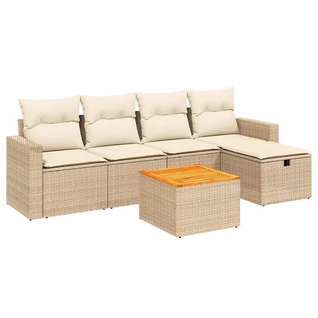 Set Divano da Giardino a L vidaXL in Polyrattan con Cuscini Beige e Tavolino, 6 Pezzi – 2