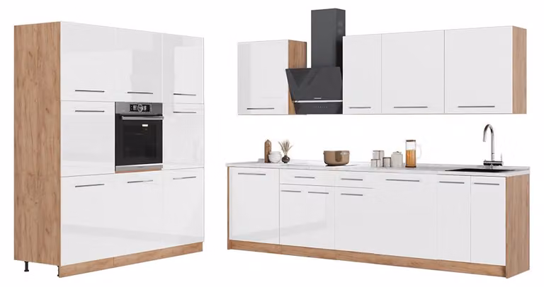 Cucina componibile Vicco Fame-Line Bianco lucido/Rovere dorato 460 cm, PL Marmo, Model 63807