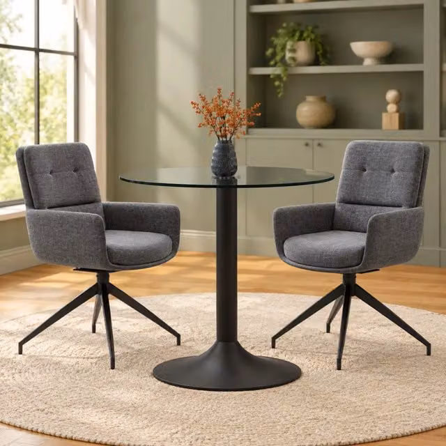 Set tavolo rotondo in vetro e 2 sedie girevoli grigio scuro