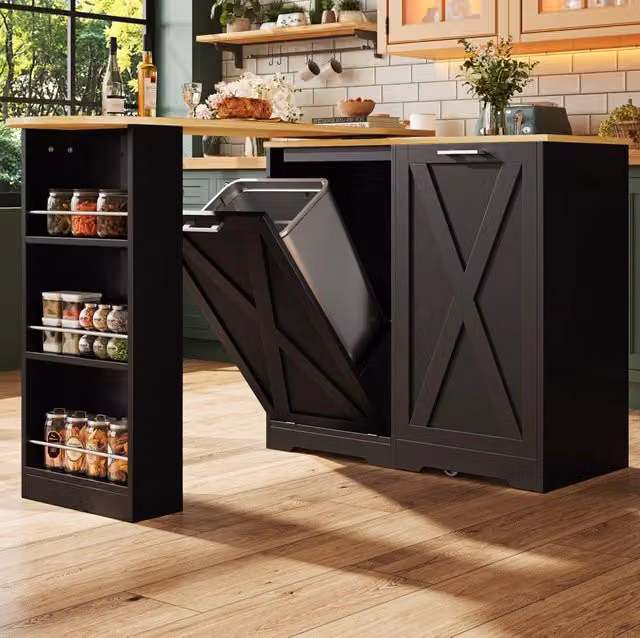 Tavolo bar girevole a 360° estensibile 138-203 cm in MDF nero con ripiani laterali