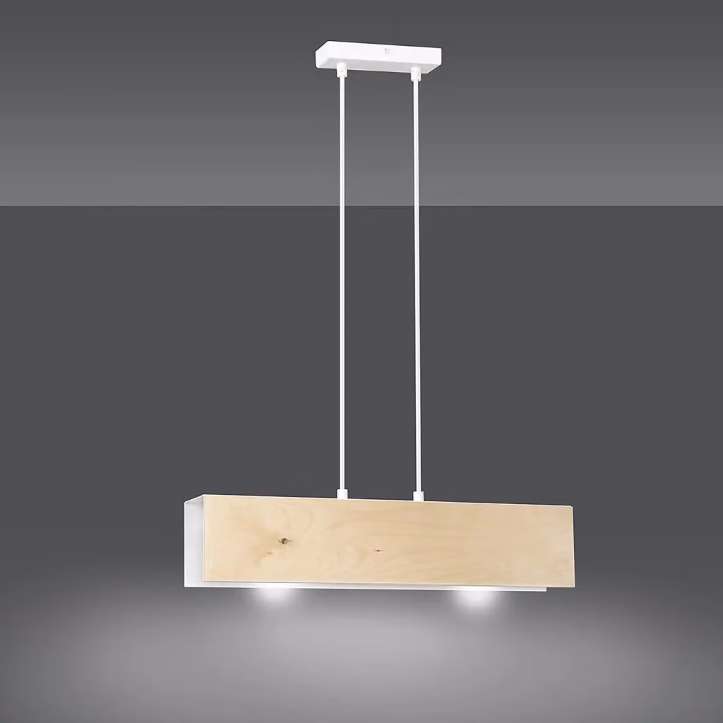 Lampadario a sospensione Luceart-Classic con 2 luci, design scandinavo in metallo bianco e legno naturale, corpo rettangolare – 2