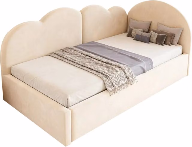 Letto a Divanetto con Letto Estrattibile e Testiera a Nuvola in Velluto Beige L/P: 180 x 200 cm