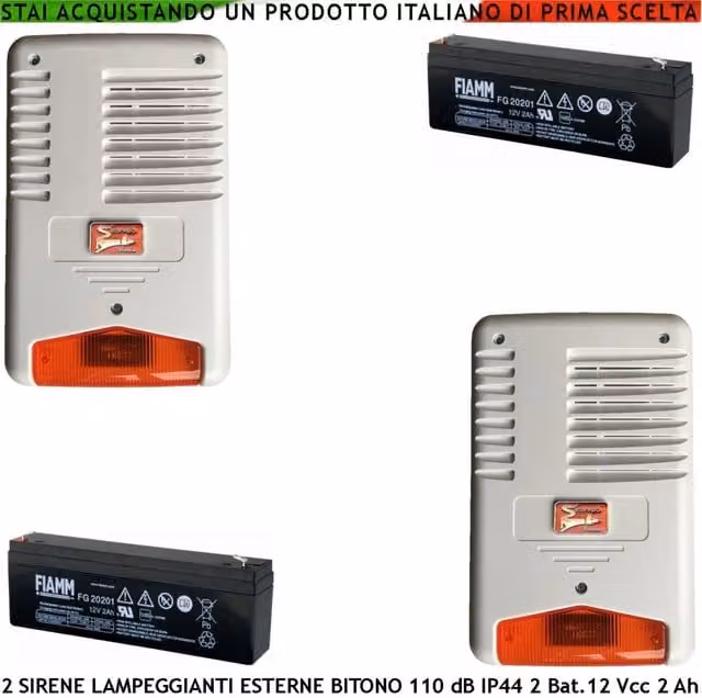 Set di 2 Sirene Securvera con Lampeggiante a LED Bitono per Esterno, Tromba 110 dB, 12 Vcc, Colore Bianco