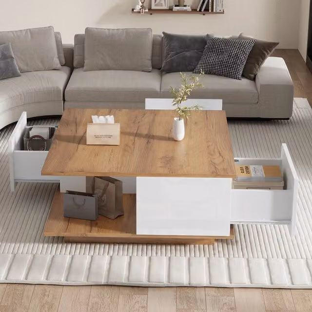 Tavolino da caffè Minimal con 3 cassetti, Bianco effetto rovere naturale, L/P/H: 70 x 70 x 31.5 cm