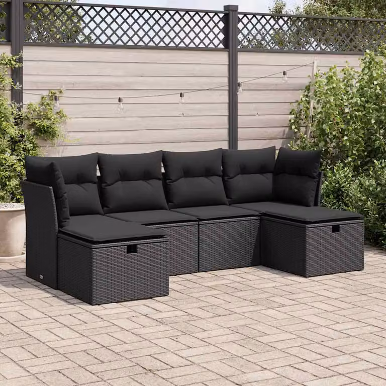 Set Divano da Giardino vidaXL 6 pz in Polyrattan Nero con Cuscini e Ottoman