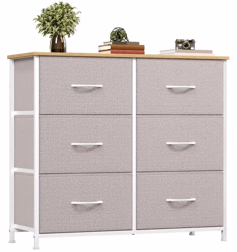 Comodino con 6 cassetti rivestiti in tessuto, colore grigio cenere, dimensioni 80x71,5x30 cm