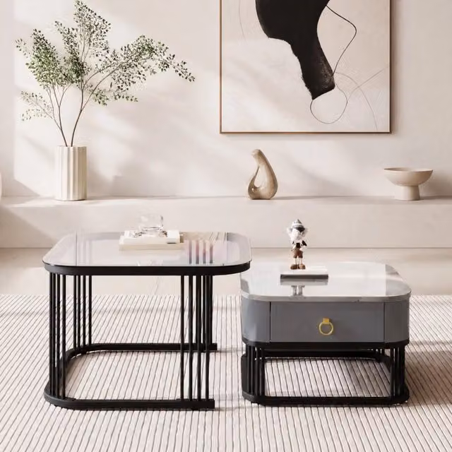 Tavolini bassi a incastro Mivray con piano in vetro e finitura effetto marmo nero e grigio – 1
