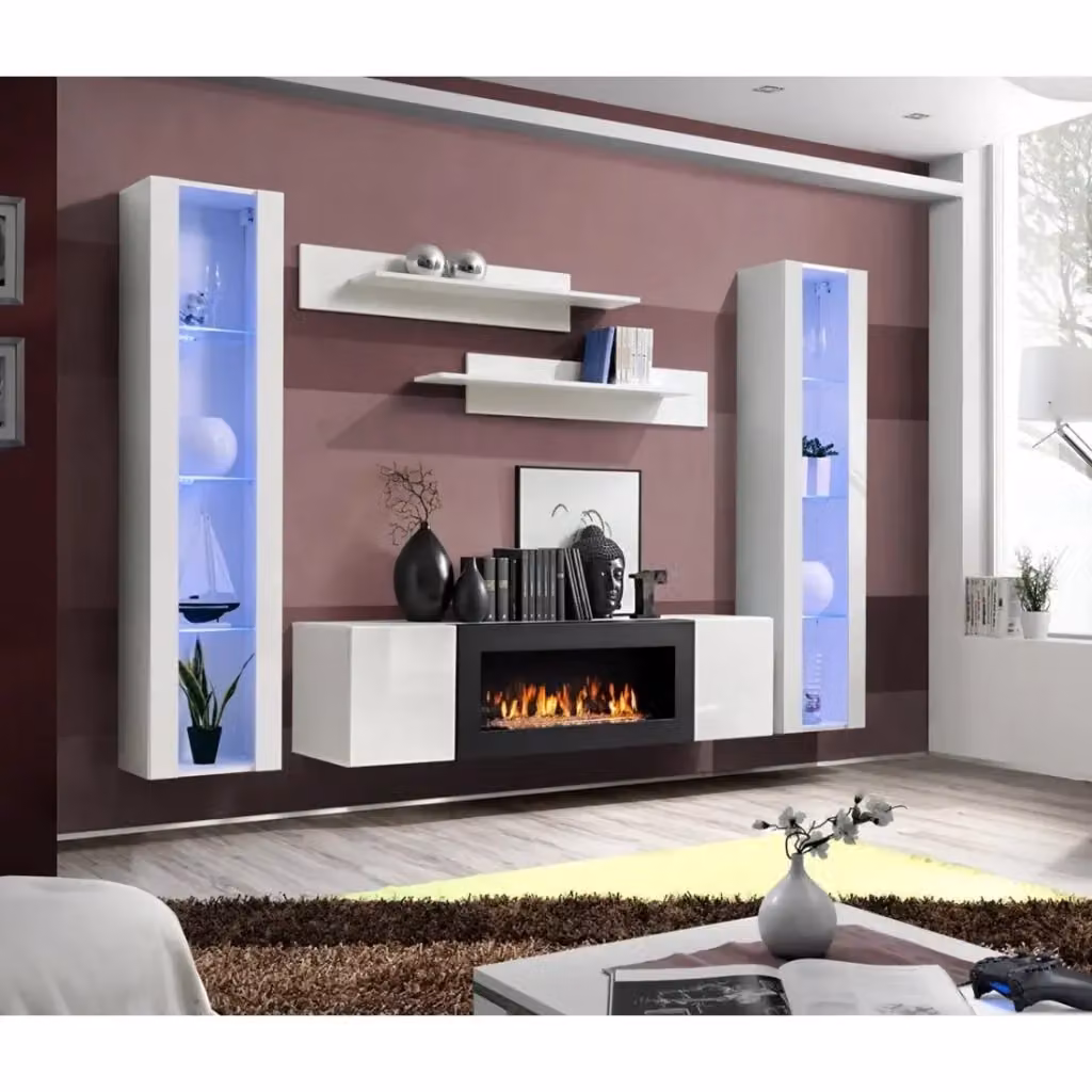 Set di mobili sospesi con camino decorativo collezione FLY M2 Meublorama colore bianco per soggiorno – 2