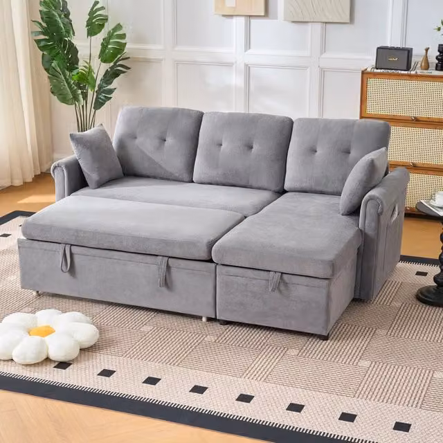 Divano letto angolare Mivray in tessuto grigio con chaise longue reversibile, vano contenitore e cuscini inclusi, L/P/H: 206 x 85 x 130 cm