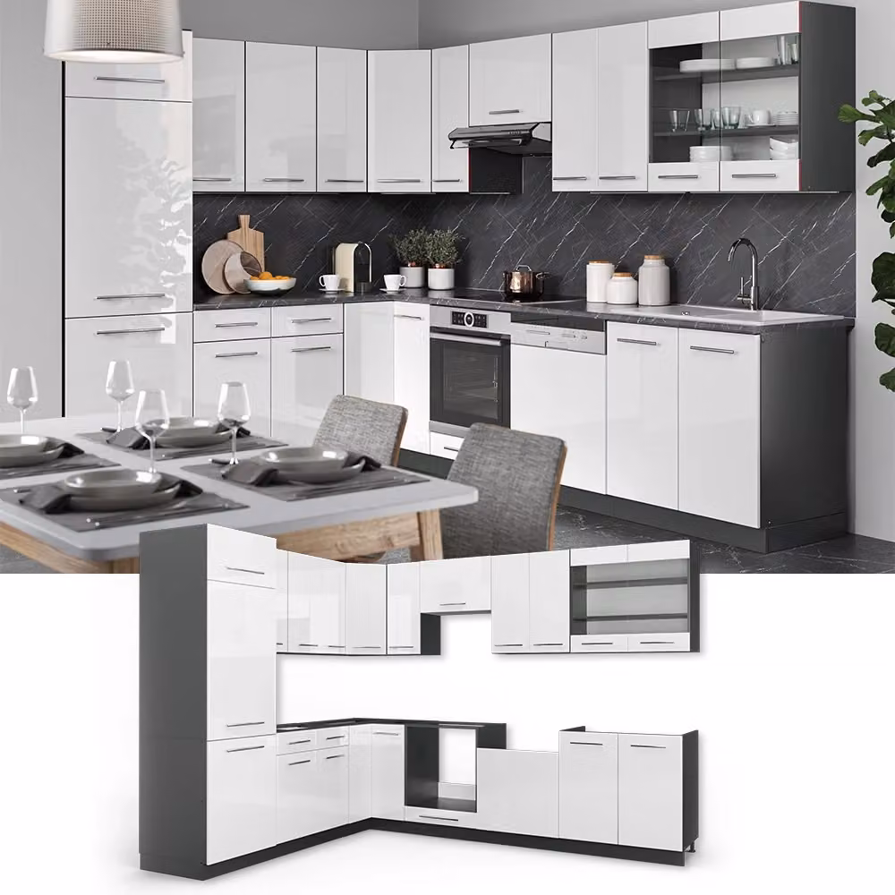 Cucina angolare moderna Fame-Line Vicco Bianco lucido e Antracite L: 287 cm, P: 60 cm, H: 206,8 cm – 2