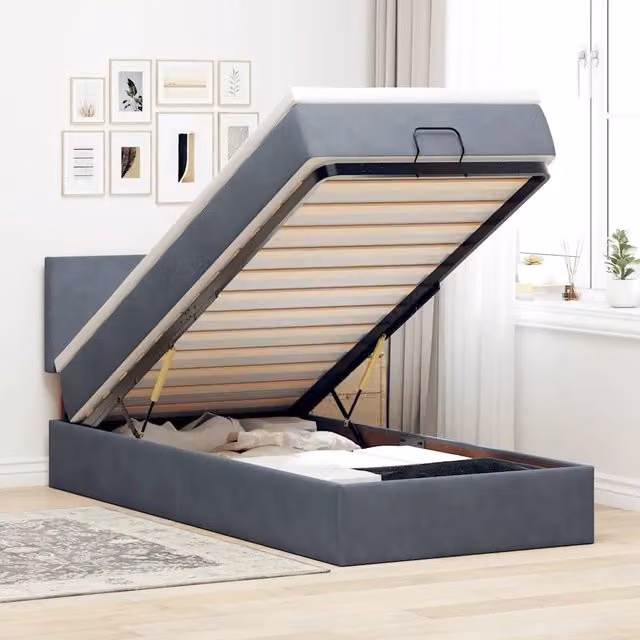 Letto con contenitore a sollevamento vidaXL in velluto grigio e bianco con materasso L 90 cm x P 190 cm
