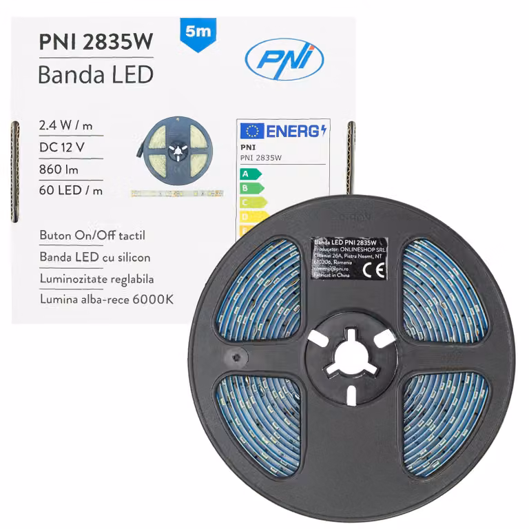 Striscia LED PNI 2835, 300 LED, luce bianca fredda 6000 K, 860 lm, dimmerabile, con pulsante touch, alimentatore 230 V, in silicone, 5 metri, grado di protezione IP65