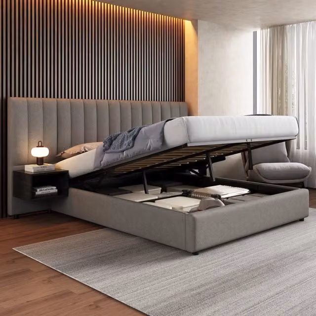 Letto contenitore matrimoniale 160 × 200 cm con rete a doghe in legno rivestito in lino grigio e nero