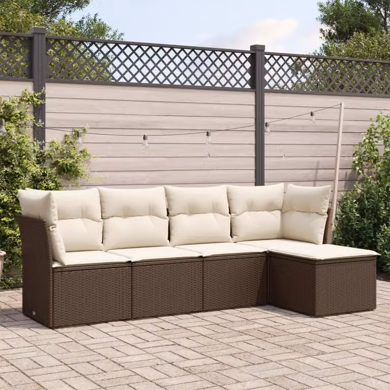 vidaXL Set Divano da Giardino 5 pz a Forma a L con Cuscini Marrone e Bianco in Polyrattan