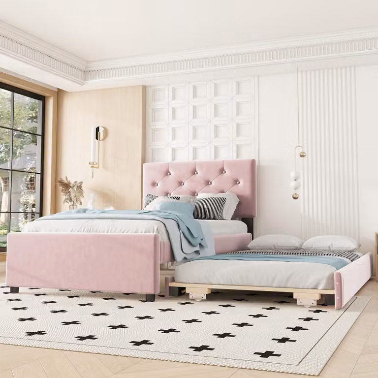 Letto imbottito, 90x200cm, letto con rete a doghe (senza materasso), letto con letto a scomparsa, velluto, minimalista, rosa