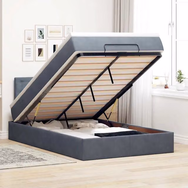 Letto con contenitore a sollevamento e materasso vidaXL in velluto grigio e bianco L 120 cm x P 200 cm x H 203 cm
