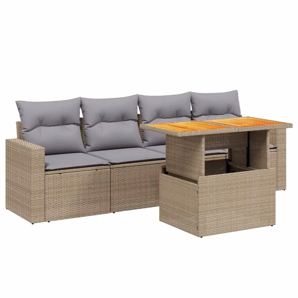 vidaXL Set Divano da Giardino 5 pz Moderno con Cuscini Beige e Tavolino in Legno di Acacia e Metallo – 2