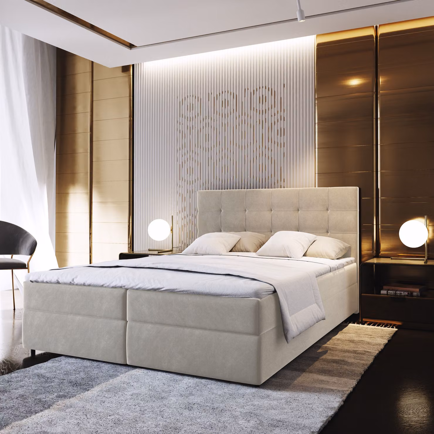 Letto a molle Masseno GLOS 160x200 cm completo di materasso e topper Bonell, letto imbottito con cassettiera -Beige, COSMIC 10