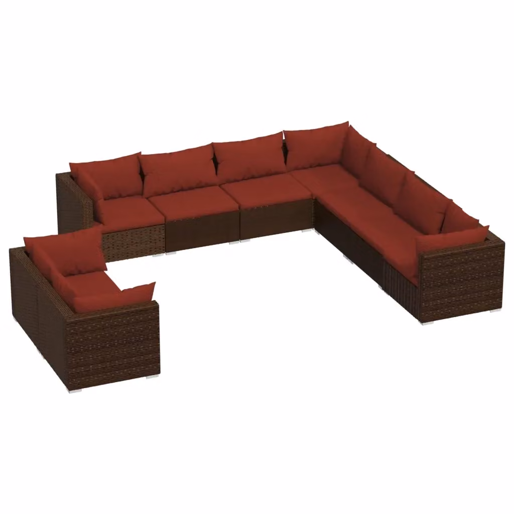 Set di Divani da Giardino a L vidaXL in Polyrattan Marrone e Rosso con Cuscini e Coperture Rimovibili – 2