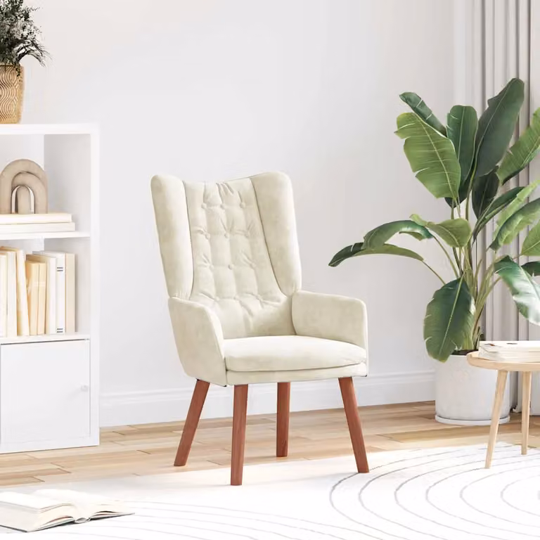Poltrona vidaXL in velluto beige con braccioli e struttura in legno, L: 63 cm, P: 67 cm, H: 94 cm