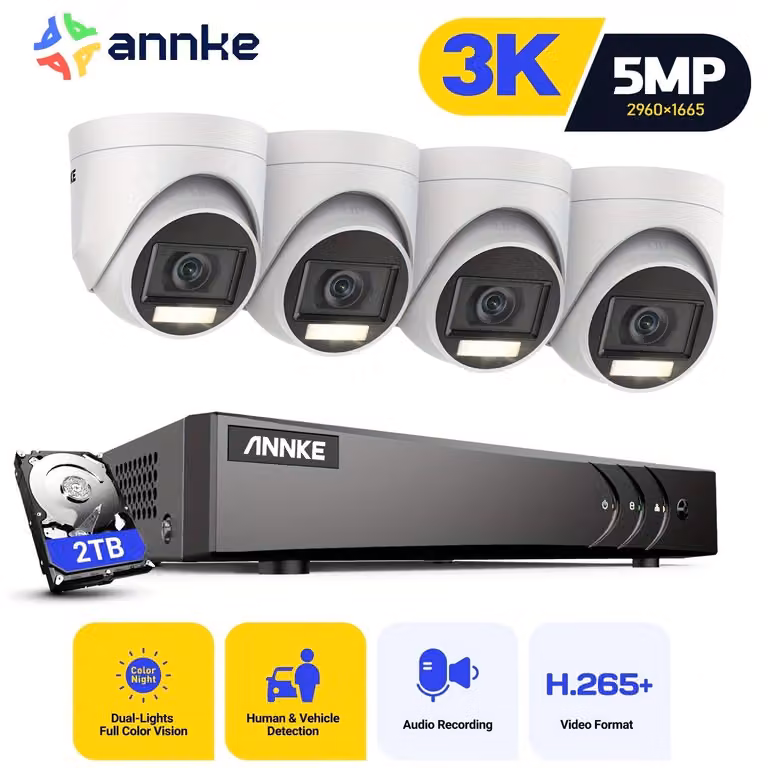 Kit di telecamere di sicurezza con risoluzione 3K, rilevamento di persone e veicoli tramite intelligenza artificiale, disco rigido da 2TB e microfono