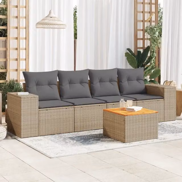 Set Divano da Giardino 5 pz con Cuscini-Sofa da Giardino-Divanetto da esterno Beige in Polyrattan 892583