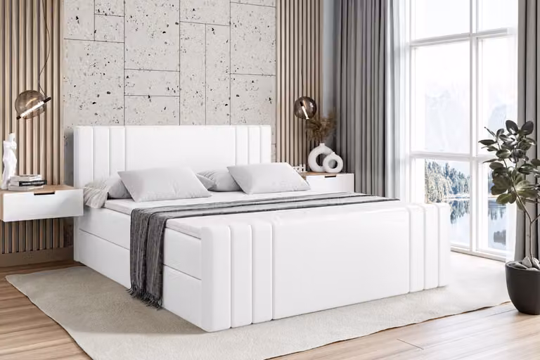 Letto boxspring ALTDECOR con pediera, materasso H3 e topper - 140x200 cm - IDRIKO-Z - Ecopelle bianca - Letto imbottito con contenitore e rete a doghe, letto con spazio contenitivo