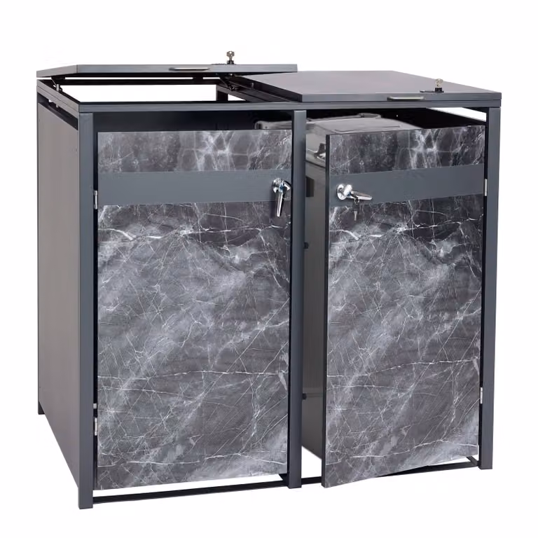 copri cestino a 2 scomparti HWC-J82, contenitore per rifiuti, espandibile, metallo 50kg, antracite ~ aspetto marmo scuro