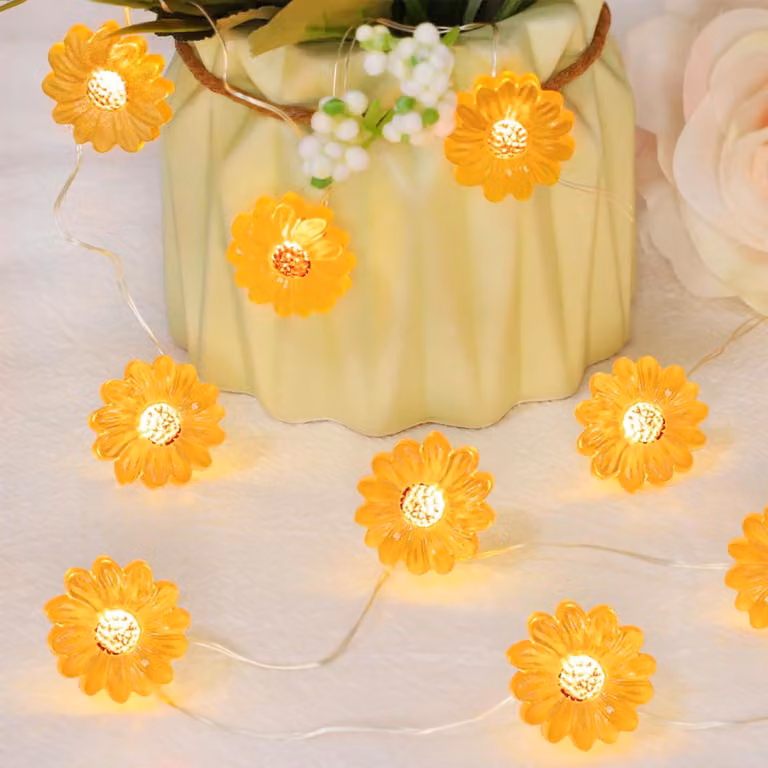 Catena luminosa con 30 LED a forma di girasole, lunghezza 3 metri, colore giallo, alimentazione a batteria