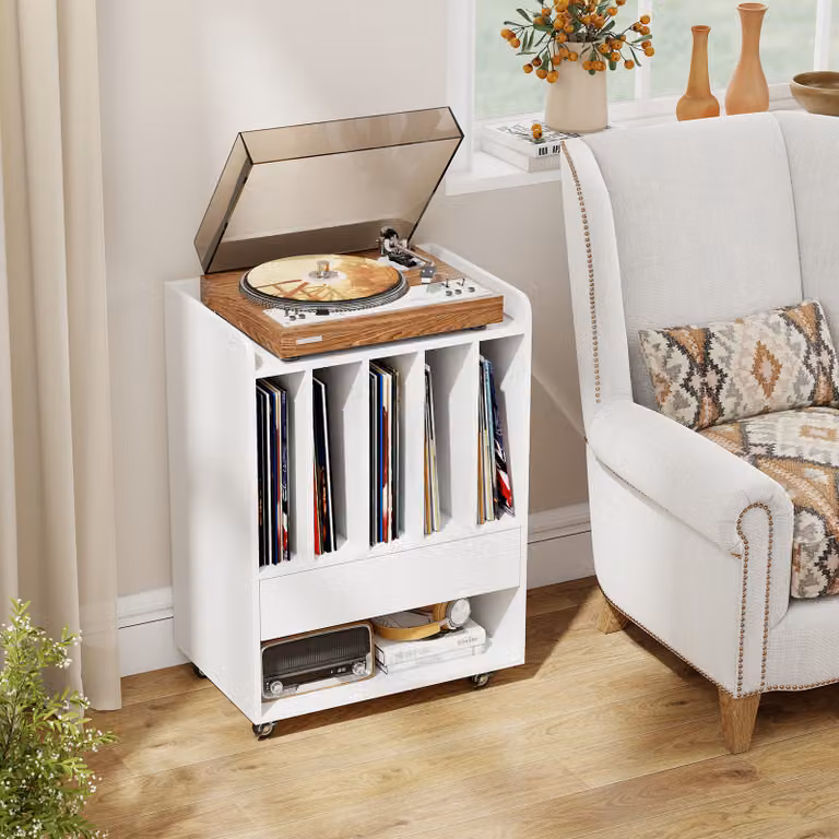 Mobile porta vinili Costway Bianco con scomparto aperto, cassetto e gancio rimovibile
