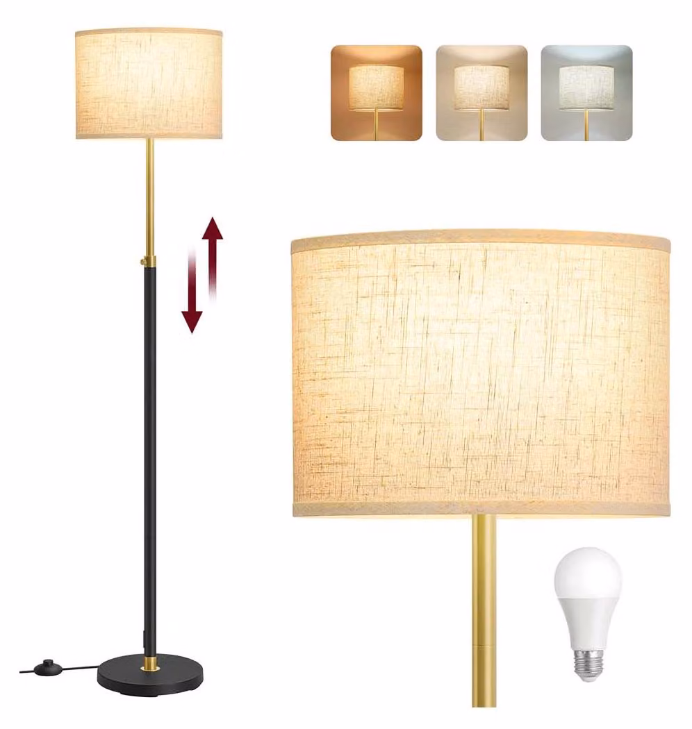 Lampada da terra nera e dorata, con altezza regolabile, in acciaio e lino. Dimensioni: 30 x 30 x 140–170 cm