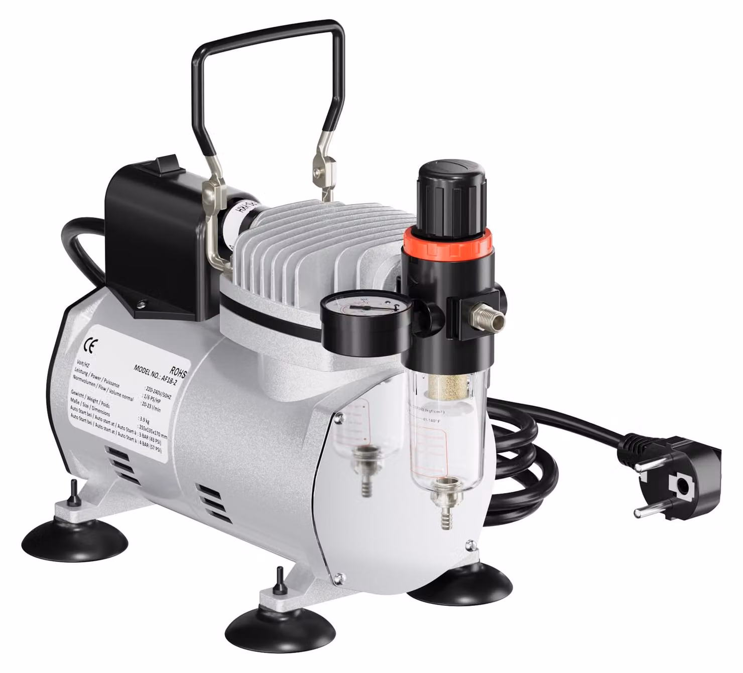 Compressore per aerografo, senza olio - Pressione di esercizio di 4 bar e 150 watt - Alloggiamento in alluminio e design compatto