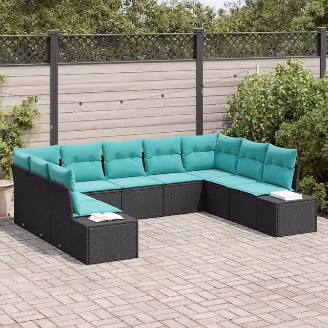 Set Divano da Giardino 9 pz 8-Numero di posti Nero e Turchese 3355895