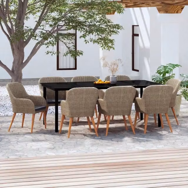 Set da pranzo da giardino vidaXL in rattan e legno di acacia con piano in vetro, 9 pezzi, marrone, nero, grigio