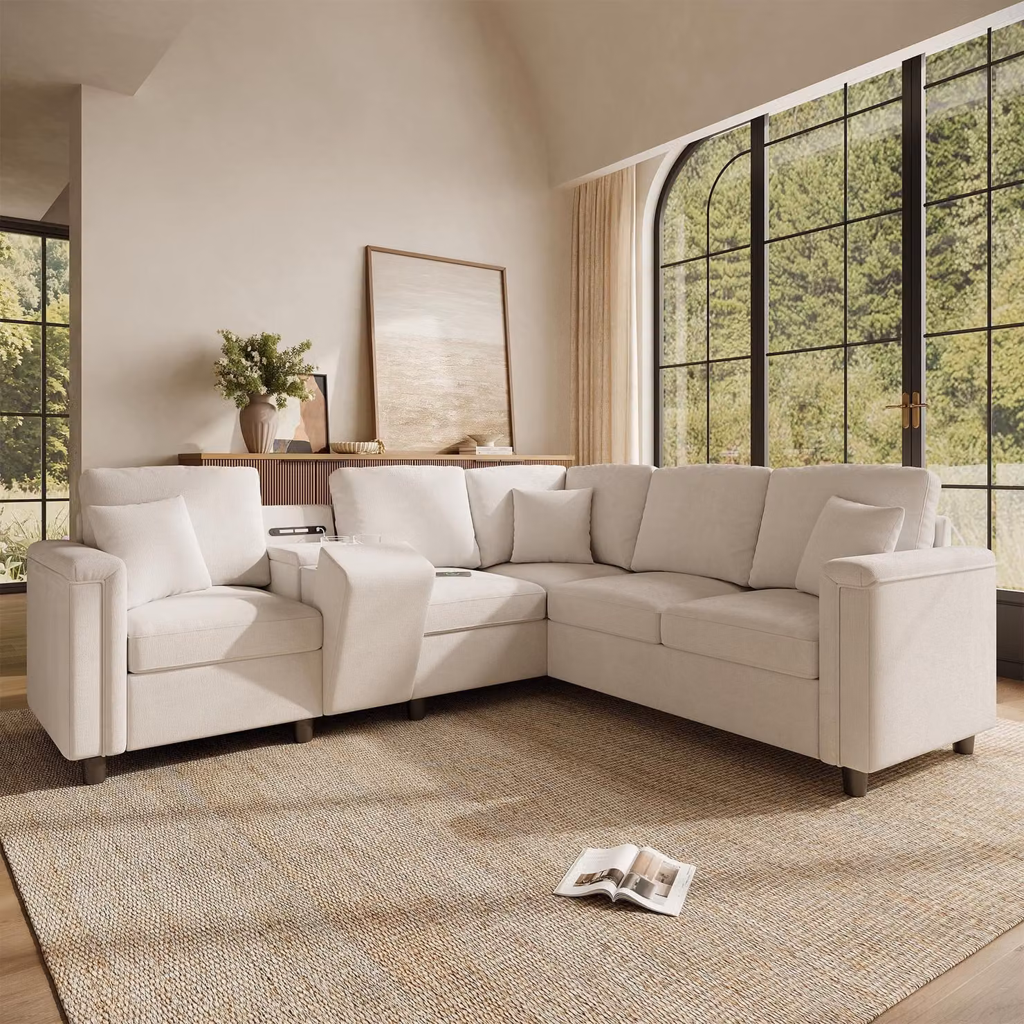 Divano angolare a forma di L con luce da lettura e prese USB, divano a 5 posti con consolle contenitore e portabicchieri, dimensioni 235×208×83 cm, color beige, in tessuto chenille