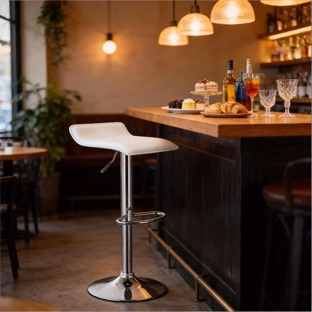 Sgabello bar girevole WISHDOR regolabile in altezza, bianco, in similpelle e metallo cromato – 1
