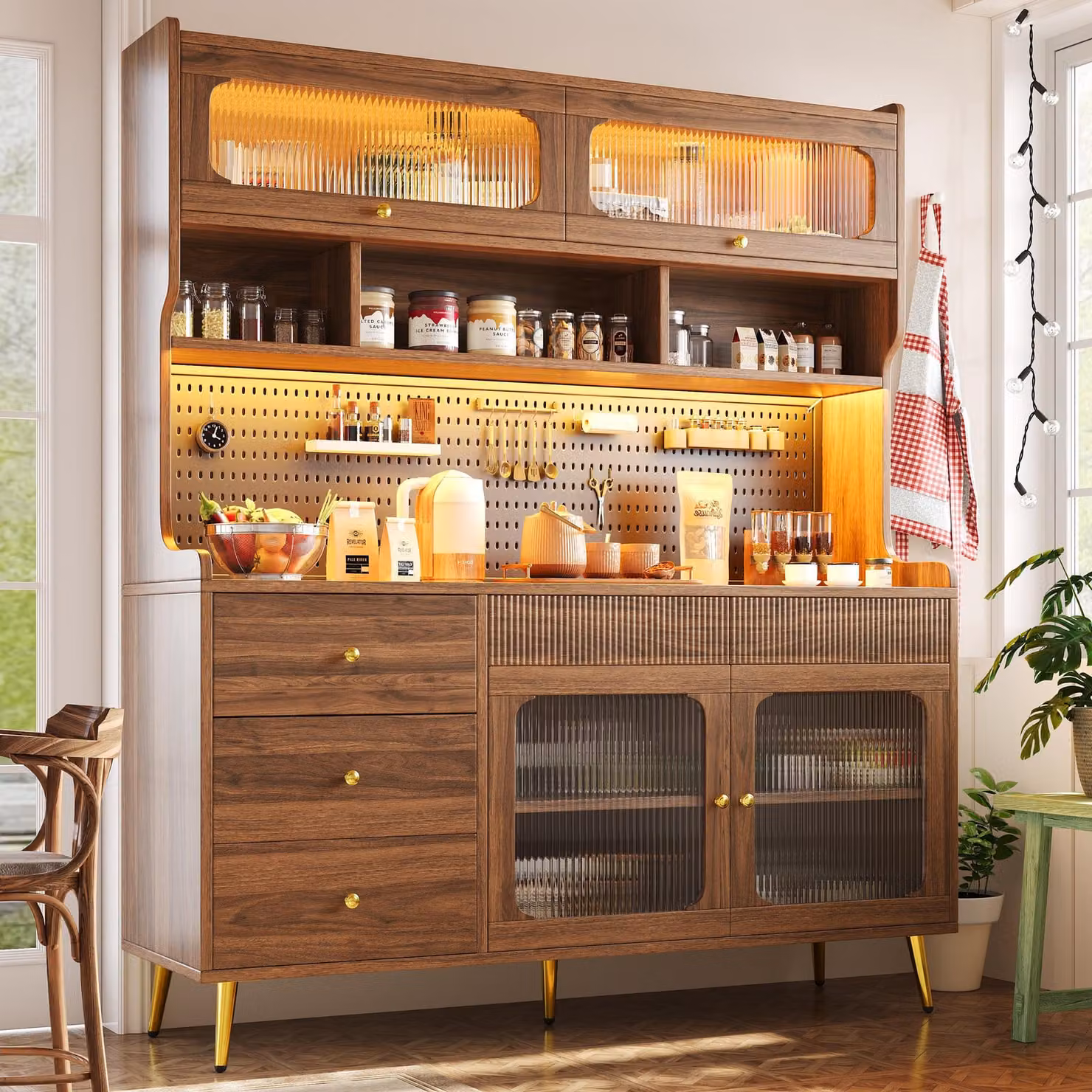 Armadio alto okiwish, mobile contenitore - Credenza con ante a ribalta per un'apertura salvaspazio - Illuminazione LED RGB con controllo tramite app - Ante in vetro scanalato, struttura in MDF con finitura noce