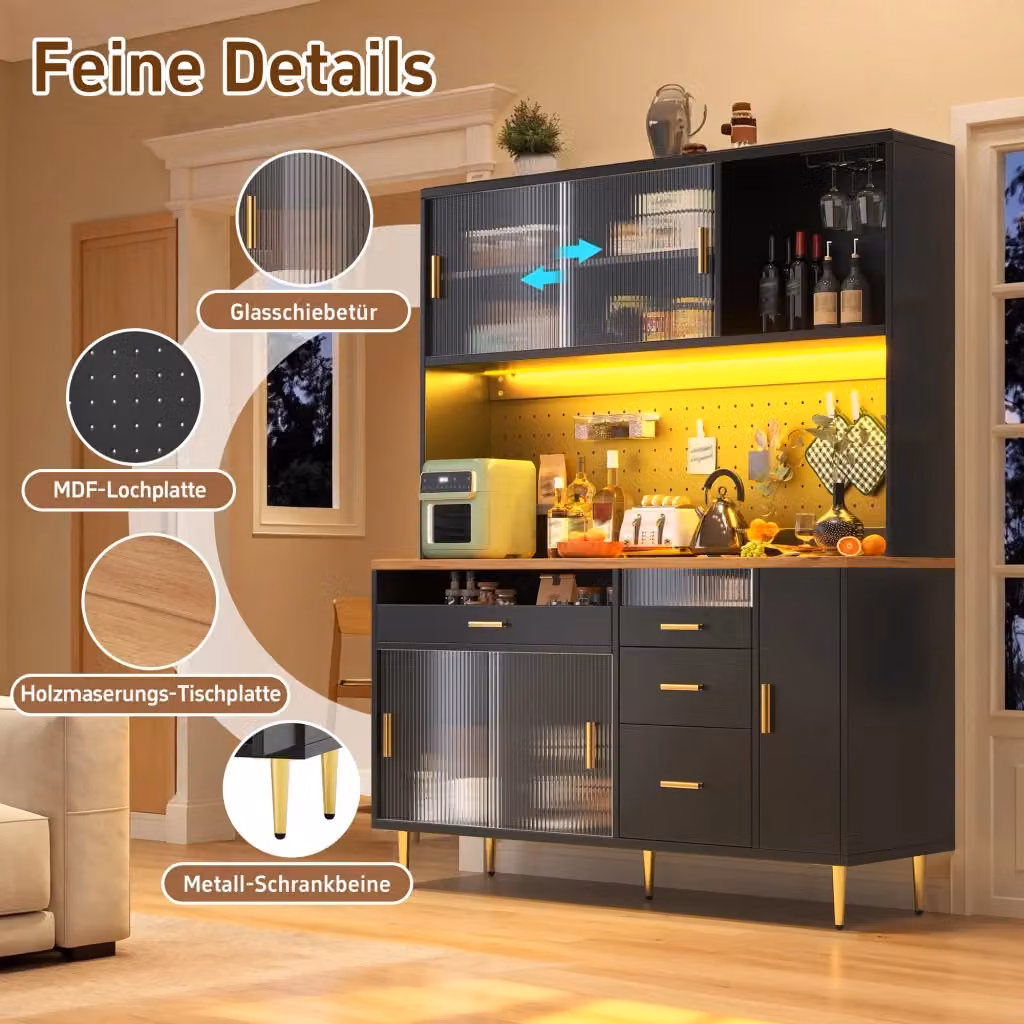 Armadio Alto REDOM Nero con Vetro e MDF, Illuminazione Integrata e Portabottiglie, L: 145 cm, P: 39 cm, H: 171 cm – 2