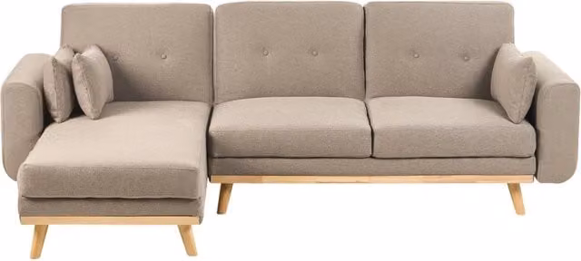 Divano Angolare ad Angolo Destro Marrone Chiaro in Tessuto Imbottito a L con Seduta Trapuntata Cuscini Decorativi e Funzione Letto