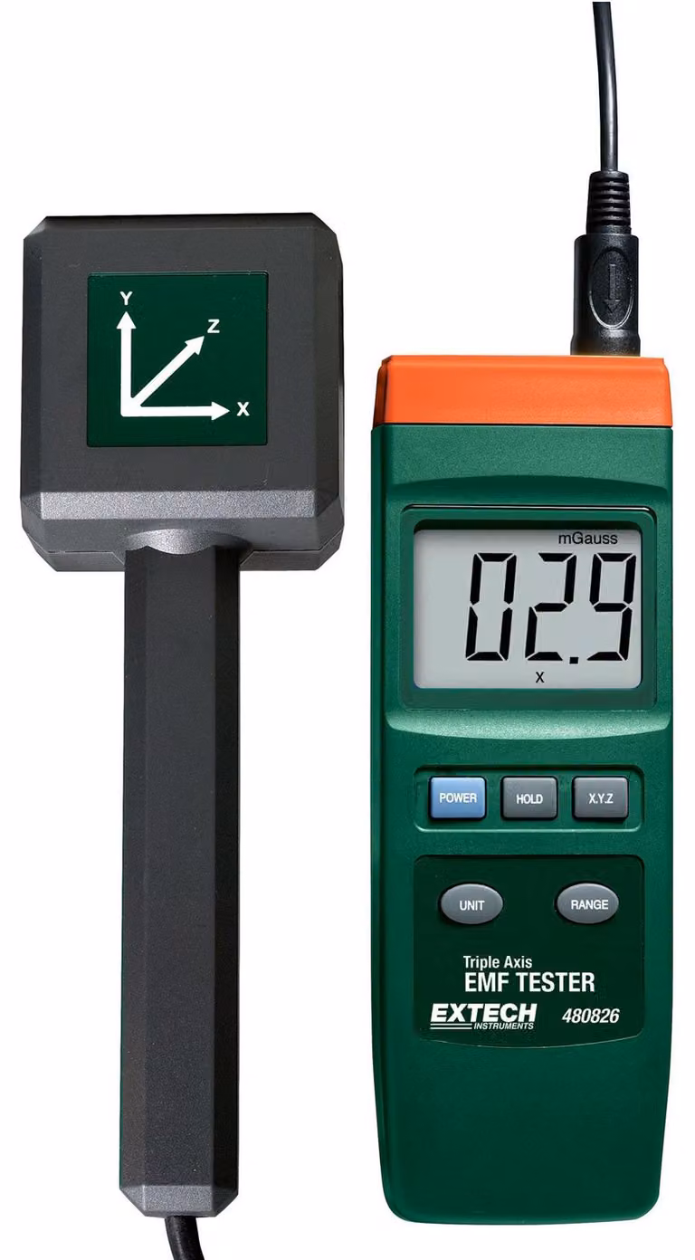 Misuratore di campi elettromagnetici, triassiale, 30–300 Hz, campo magnetico, display LCD, funzione di memorizzazione dati