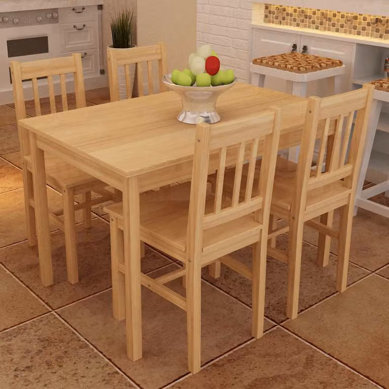 Set da pranzo vidaXL composto da tavolo rettangolare e 4 sedie in legno di pino, colore marrone e beige, stile scandinavo, L: 108 cm, P: 65 cm, H: 73 cm