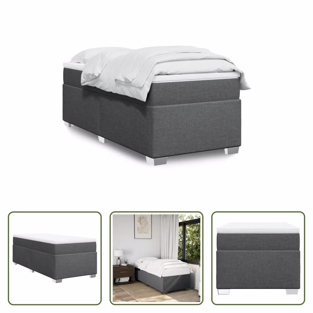 The Living Store Letto a molle con materasso grigio scuro 100x200 cm in tessuto