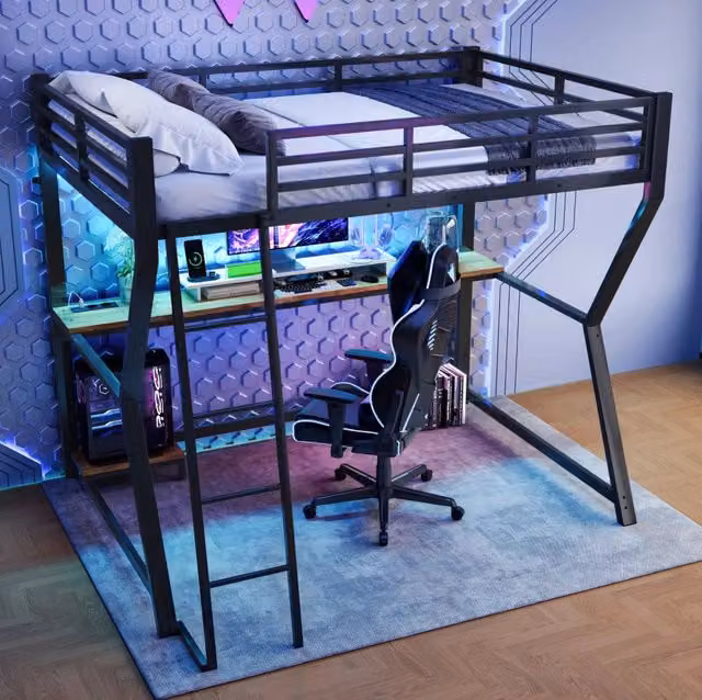 Letto a soppalco 90x200 cm nero con scrivania, LED, presa USB e ripiano PC