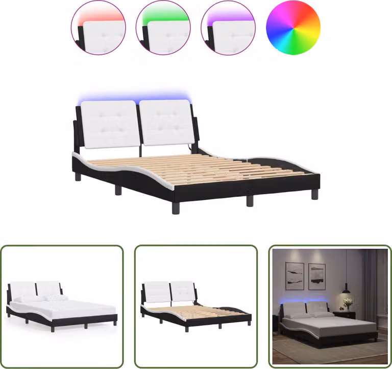 The Living Store Struttura letto con LED bianco e nero 140x200 cm in ecopelle