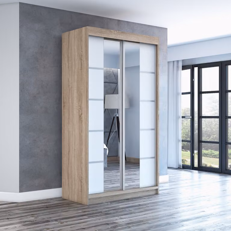 Armadio a porte scorrevoli, a 2 ante, modello ERA 120 cm (con specchio) (Sonoma / bianco / bianco)