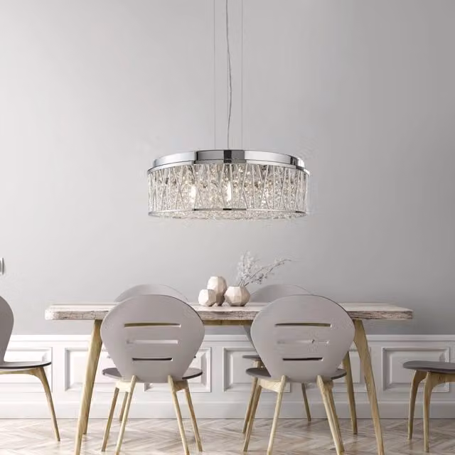 Lampadario a sospensione Searchlight in acciaio cromo e vetro trasparente con 7 luci G9