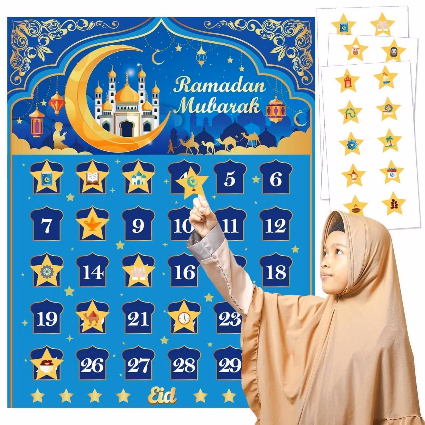 Calendario del Ramadan per bambini, con 30 adesivi a forma di stella. Calendario dell'Avvento per Eid al-Fitr, ideale per decorare il Ramadan